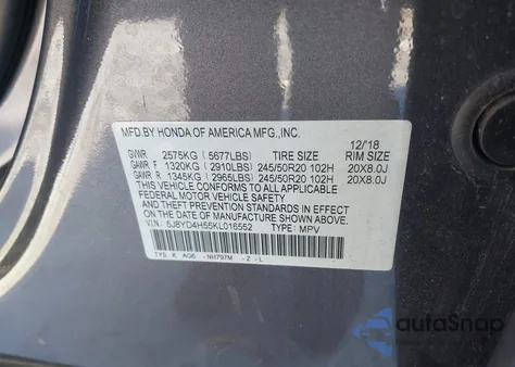 2019 Acura Mdx Tech Pkg from USA, damaged, VIN 5J8YD4H55KL016552